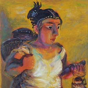 羅中立紙本油畫(huà) 撐燈少女2 高清大圖下載