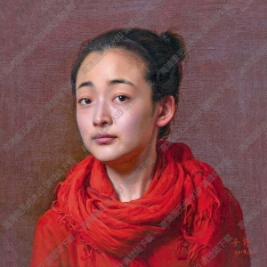 安靜油畫作品_穿紅衣服的女中學(xué)生_高清大圖下載