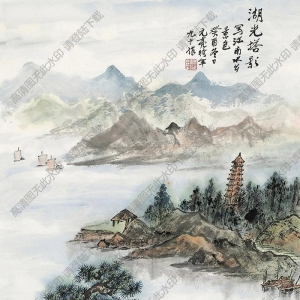 周元亮國(guó)畫 湖光塔影 高清大圖下載